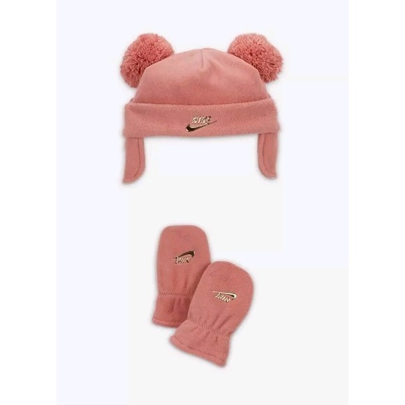 Nike Infant Baby Beanie Two Pom Pom Peak Trapper Set Red Stardust 2 Piece New - Picture 1 of 7
